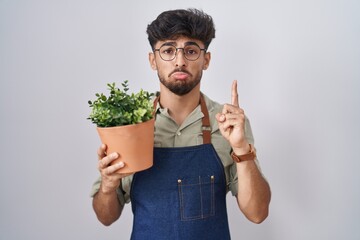 Arab man with beard holding green plant pot pointing up looking sad and upset, indicating direction...