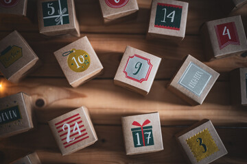 A beautiful advent calendar in a scattered box with numbers.