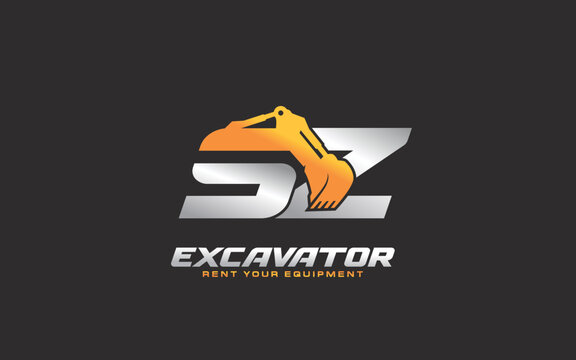 SZ logo excavator for construction company. Heavy equipment template vector illustration for your brand.