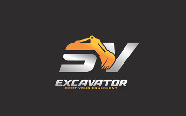 SV logo excavator for construction company. Heavy equipment template vector illustration for your brand.