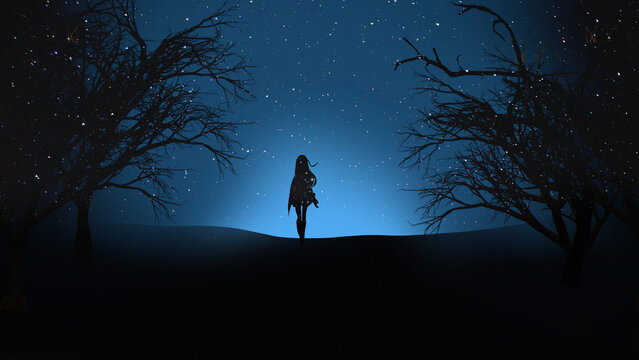 anime girl walking alone at night road digital art
