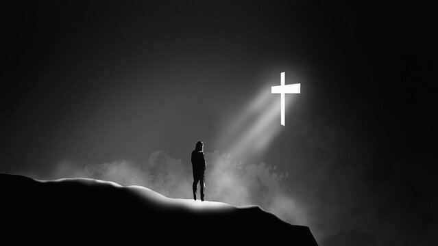 man stand alone at night time with light digital art