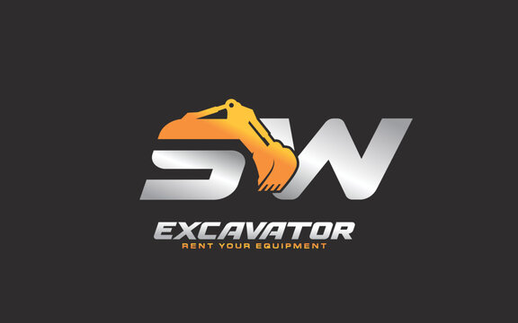 SW  logo excavator for construction company. Heavy equipment template vector illustration for your brand.