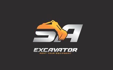 SA logo excavator for construction company. Heavy equipment template vector illustration for your brand.