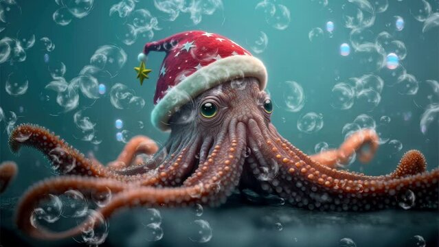 Animation of an octopus under water with Santa hat and bubbles
