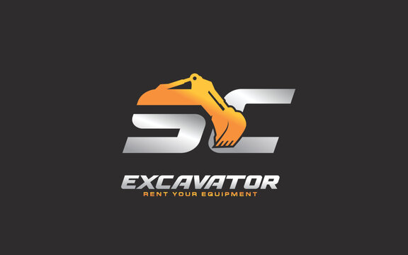 SC logo excavator for construction company. Heavy equipment template vector illustration for your brand.