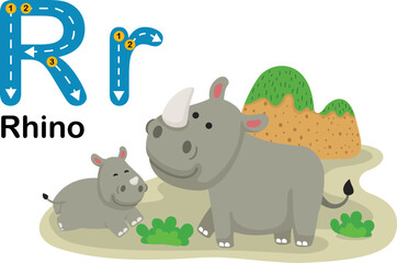 Alphabet Letter R-Rhino with cartoon vocabulary illustration, vector