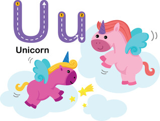 Alphabet Letter U-Unicorn with cartoon vocabulary illustration, vector