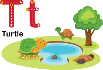 Obraz na płótnie Canvas Alphabet Letter T-Turtle with cartoon vocabulary illustration, vector