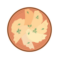 The icon of dumplings on a plate. Vector illustration in a flat style
