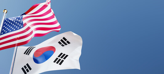 Usa and Korea flags fluttering in the wind against a blue sky mockup with copy space. American and South Korea national symbols 3d rendering - obrazy, fototapety, plakaty