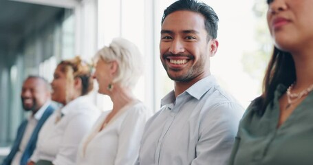 Hiring, recruitment or people in a waiting room for a job interview opportunity for a marketing or advertising post. Face, group meeting or portrait of happy man in a line with business experience