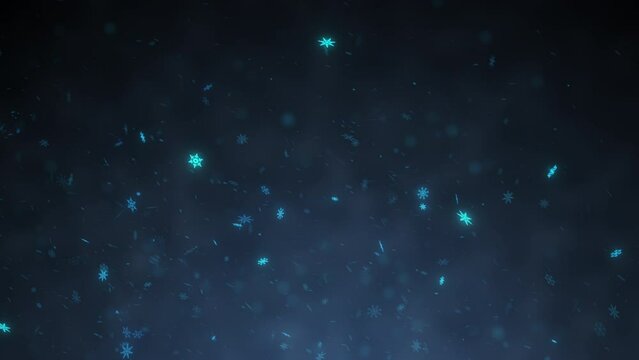 Glowing Snowflakes and blizzard falling on dark blue background