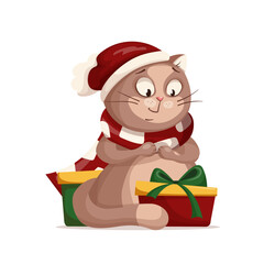 Funny cat in a christmas red hat and scarf is preparing to open gifts. Cute character in cartoon style isolated on white background