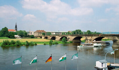 View over the Elbe from Dresden Castle with bridge and paddle steamer from 2002 recorded analogue...