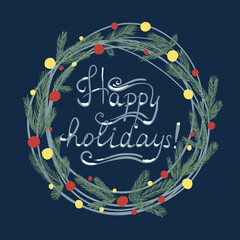 Christmas wreath card happy holidays lettering vector