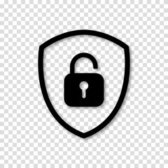 Icon or symbol of a shield with a opened padlock. Sign unlock on a transparent background. Vector illustration.