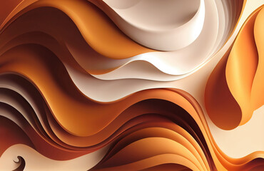 Smooth swirls and waves of creamy, brown and orange liquid splashes background in theme of coffee, milk and caramel as generative AI abstract illustration