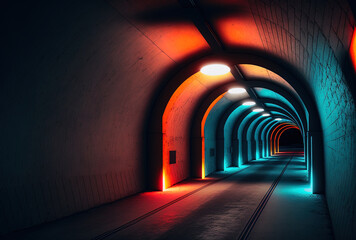concrete tunnel without any traffic and lit with neon lights. Generative AI