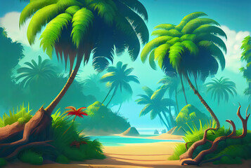 Obraz na płótnie Canvas Coconut palms on empty sand sea shore, tropic landscape of island generative AI art in cartoon style