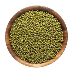 Green raw mung beans in a wooden bowl. Isolated on white background.