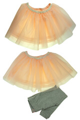 Ballerina children's clothing.  A fashionable festive short summer skirt in pastel transparent colour for little girls and with trousers for training isolated on white. Clipping path.
