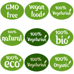 Vegan organic eco natural bio sticker label logo icon. Logo with a pattern of green leaves. Ecological products. Stickers of eco-friendly products. Vector illustration of vegan organic food icons
