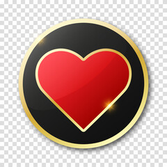 Poker chip in black with golden border on a transparent background with a suit of heart. Hearts sign.