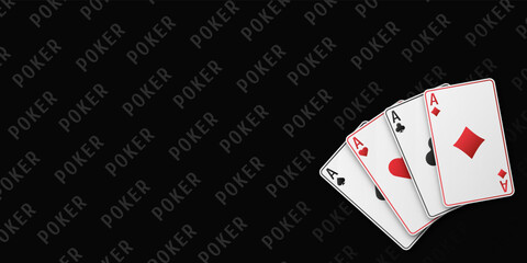 A fan of playing cards consisting of four black and red Ace of Spades, Diamonds, Clubs, Hearts. Vector illustration poker and casino of all the aces on a table black background.