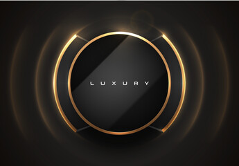 Glossy black circle logo frame, gold edge. Luxury dark frame, golden line brackets border black background. Abstract ring vector glow light waves. Vibration motion light effect. Resonance round frame