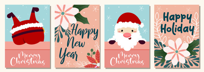 Set of Christmas and Happy New Year Floral Card templates and Funny Santa. Trendy retro style. Vector design element.