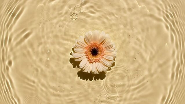 Sunflower flowers, gerbera petals flowers on water surface with drops. Splash yellow colored. Pure water with reflections sunlight and shadows. Valentines day texture. Advertising product. FullHD 