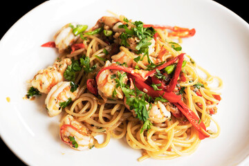 Stir Fried Spaghetti with Garlic Shrimp and Chili