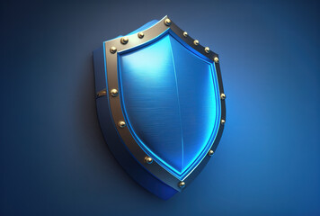 On a blue backdrop, a digital design protection tick icon is enclosed by a shield. Generative AI - obrazy, fototapety, plakaty