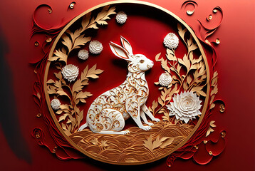 Happy chinese new year 2023 year of the rabbit zodiac sign with flower,lantern,asian elements red paper cut style on color Background.