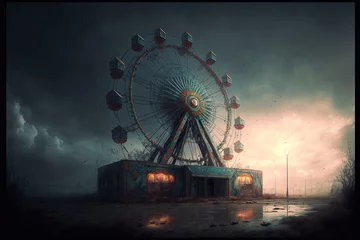Deurstickers An abandoned carnival with a ferris wheel on a cloudy day. Digital illustration. Generative AI © Ilugram