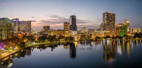 Aerial panorama of downtown Orlando, Florida. USA. Lake Eola in December, 2022.