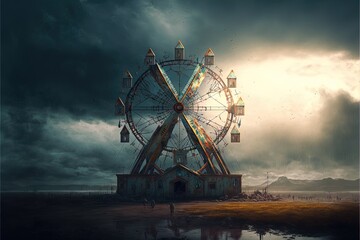 An abandoned carnival with a ferris wheel on a cloudy day. Digital illustration. Generative AI - obrazy, fototapety, plakaty