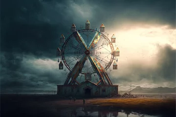 Fotobehang An abandoned carnival with a ferris wheel on a cloudy day. Digital illustration. Generative AI © Ilugram