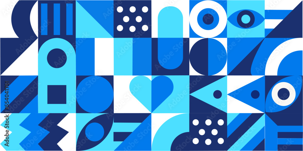 Aufkleber Abstract geometric pattern background in blue trendy style. Mosaic shape with full page ornament
