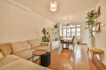 Interior of open plan flat with living and dining room