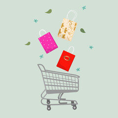 Shopping cart with speckled shopping bags. Cartoon vector illustration.