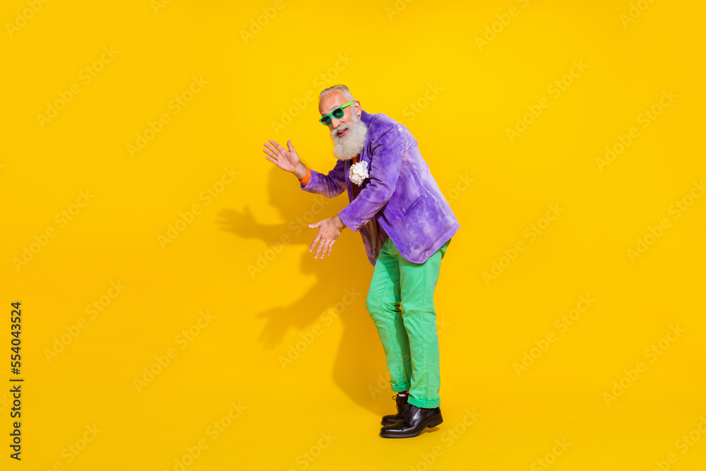 Sticker full length photo of cheerful positive senior man stylish outfit enjoy dancing step going empty spac