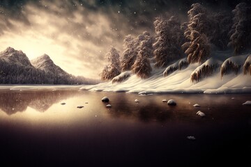 Obraz na płótnie Canvas A snowy forest with a river, winter, generative AI