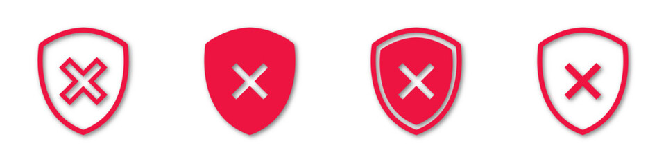 Shield check mark icon set. Protection approve sign. Safe icon. Tick and cross icons. Vector illustration on a white background.