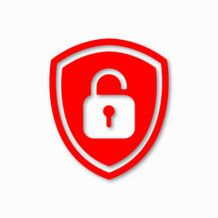 Icon or symbol of a shield with a opened padlock. Sign unlock on a white background. Vector illustration.