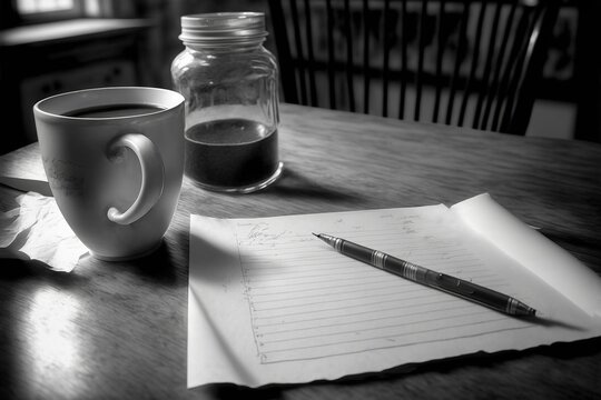 pen and paper with a coffe mug on a wooden table, black and white, generative ai