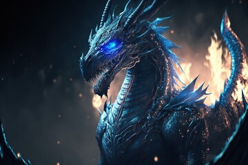 A blue dragon with glowing blue eyes on a dark background with fire, generative ai © Dieter Holstein