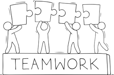 Sketch of working little people with puzzle, teamwork.