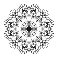 Vector mandala coloring book page for adults. Ornamental round floral lace outline black contour tropical leaves. Flower, nature elements, geometric, ethnic style, lace pattern template for art.